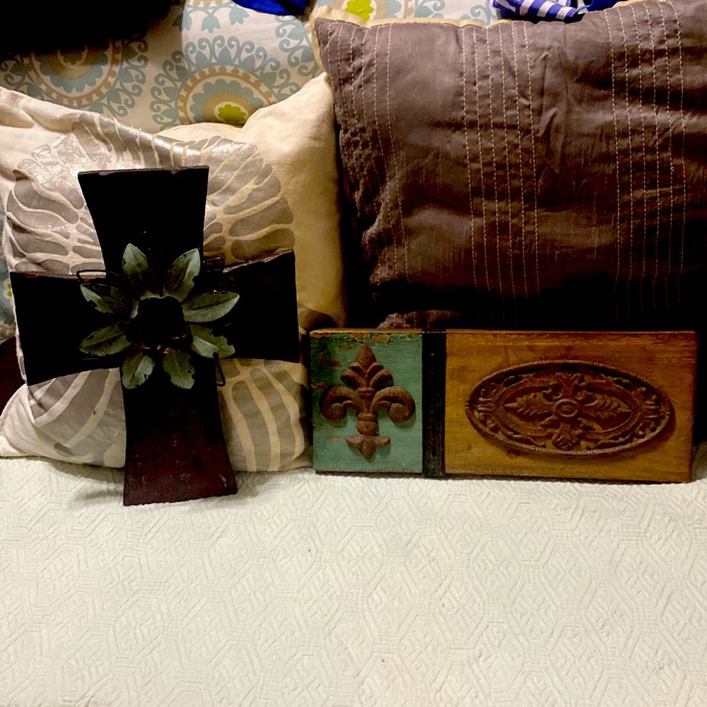 Wall Art with distressed wood, wrought iron and stamped tin.